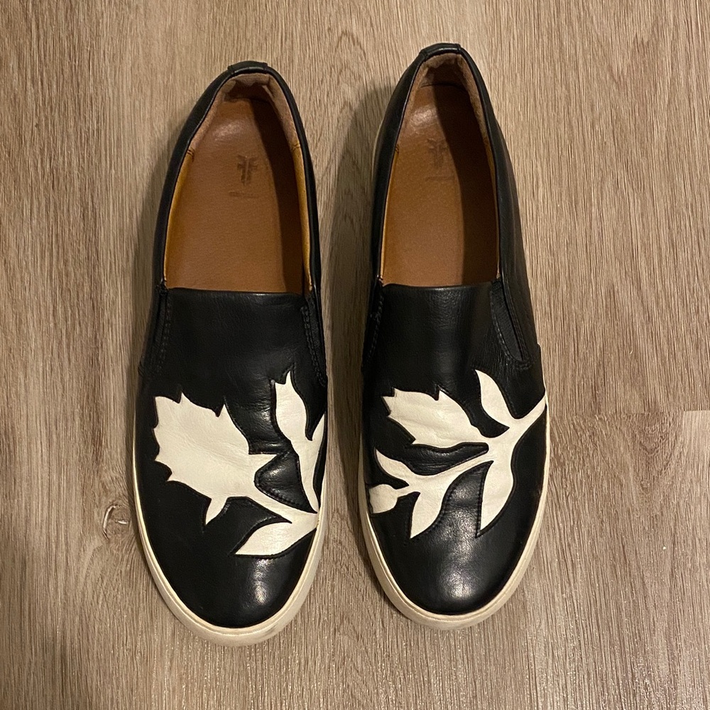 Frye Black and White Leaf Slip-On Shoes